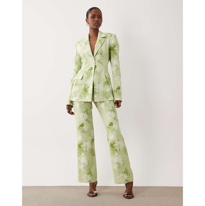 ASOS LUXE co-ord tailored suit trousers in light green blurred floral 115547069