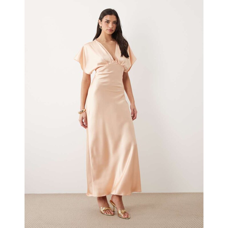 Gina Tricot batwing plunge satin maxi dress in peach-Pink