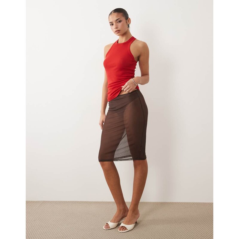 ASOS DESIGN sheer mesh midi skirt in chocolate-Brown