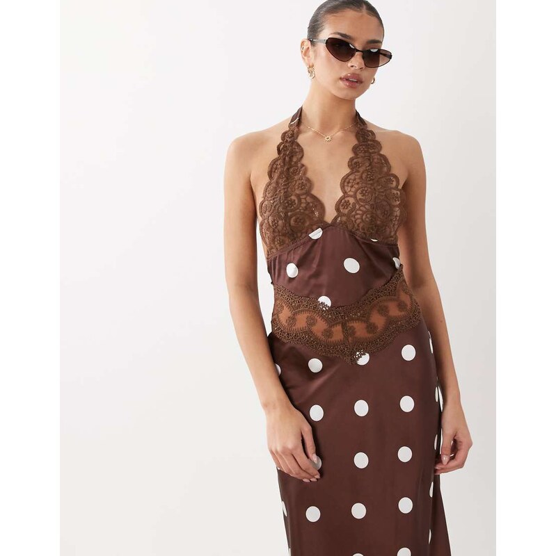 Lioness Solana sheer panel halterneck satin mini dress in chocolate 115547080