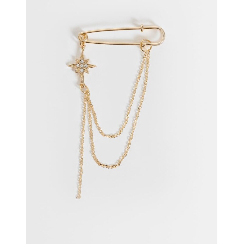 ASOS DESIGN safety pin drop chain and star charm brooch in gold 115547094