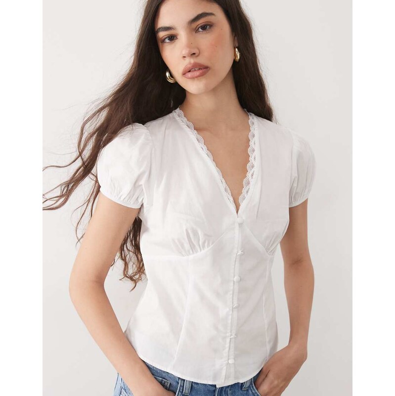 Miss Selfridge V-neck lace detail fitted shirt in white 115547103
