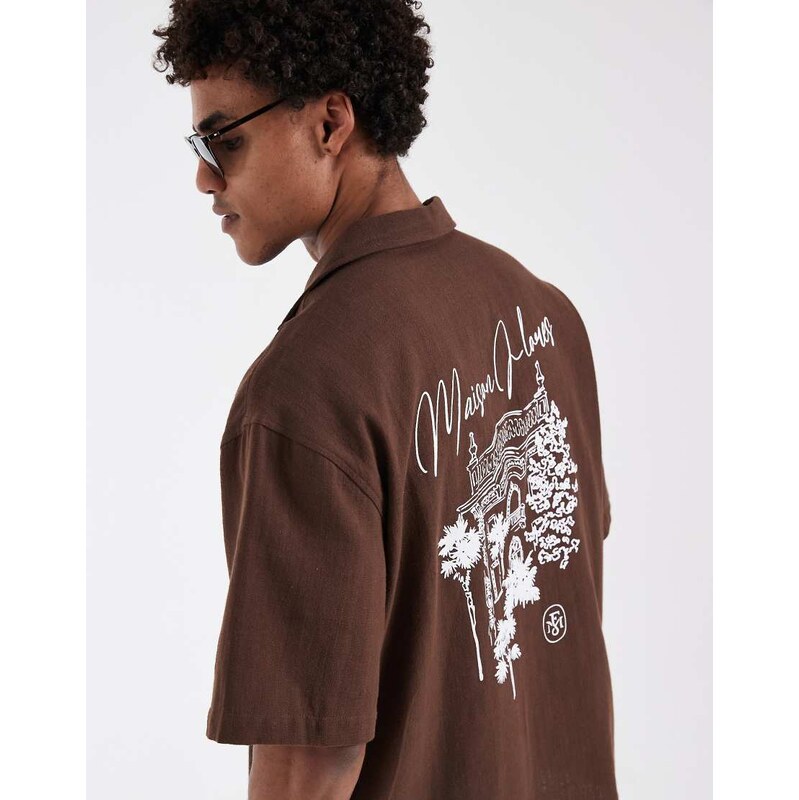 ASOS DESIGN oversized linen look shirt with back print in brown
