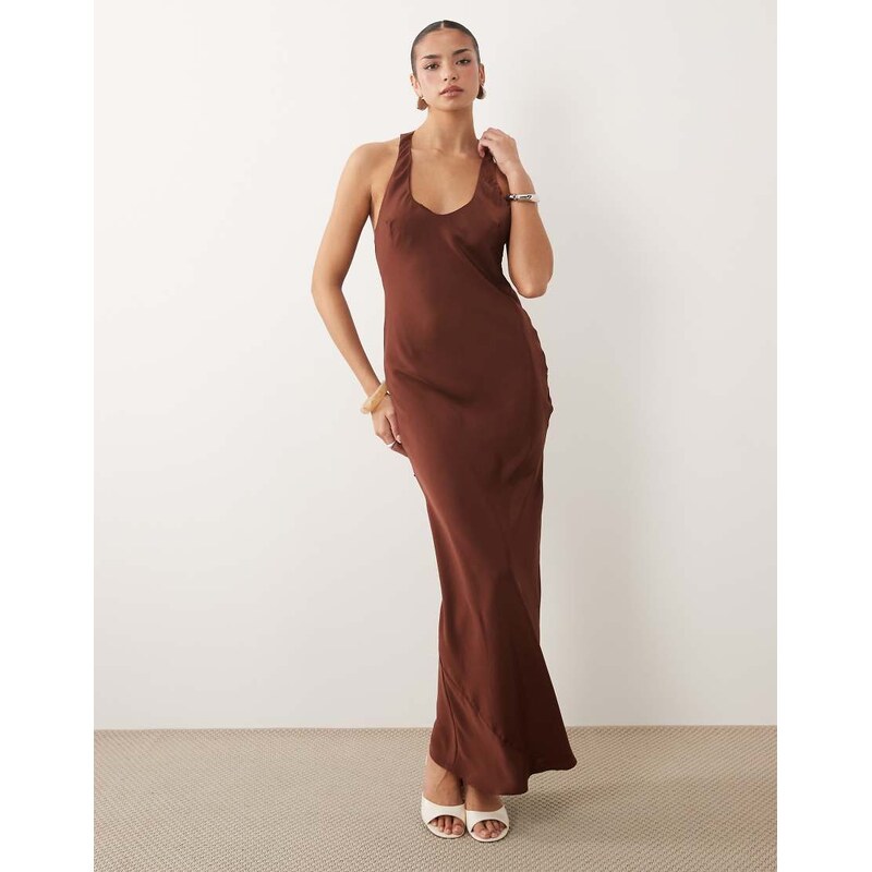 ASOS DESIGN scoop neck satin maxi dress with tie back in brown