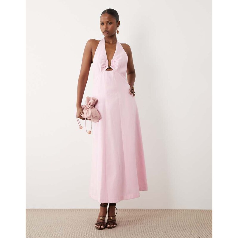 Forever New linen mix halter neck midi dress with hardware detail in 115555005
