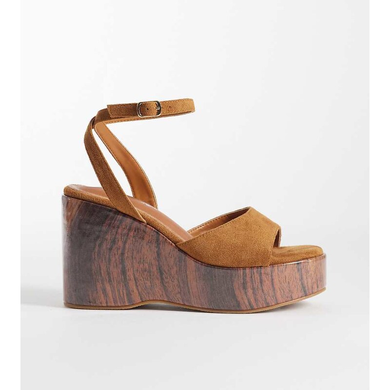 Public Desire Wide Fit Aluna wedge sandals in tan suedette-Brown 115634301