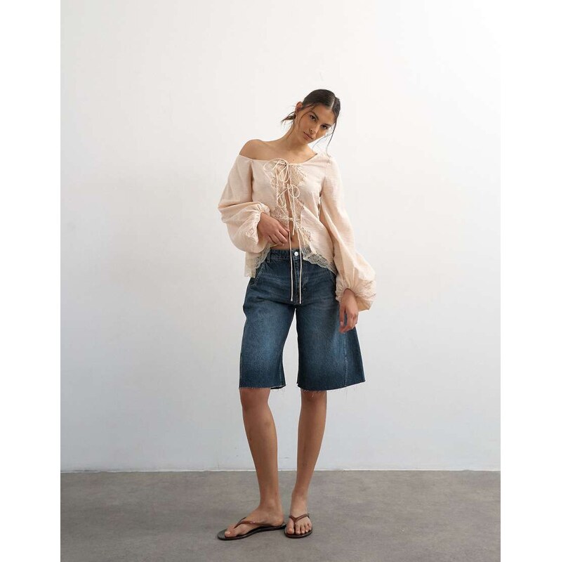 Topshop off shoulder tie detail lace trim blouse in ecru-Green 115589609