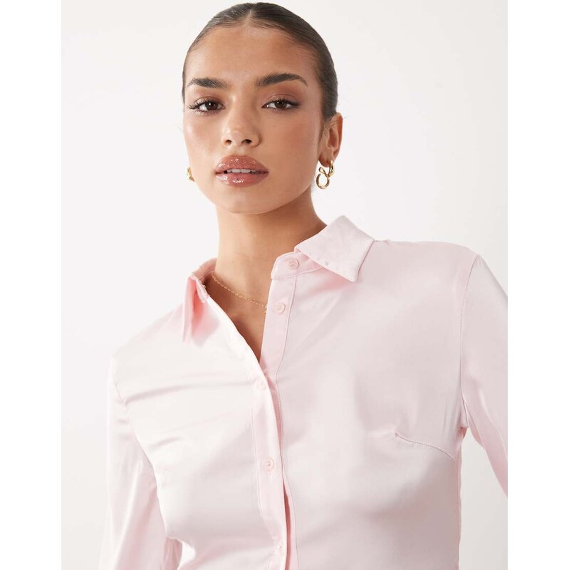 Lioness Angelic fitted satin shirt in baby pink 115723489