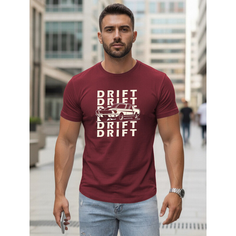 Pánské bavlněné tričko s potiskem DRIFT bordó FashionStreet