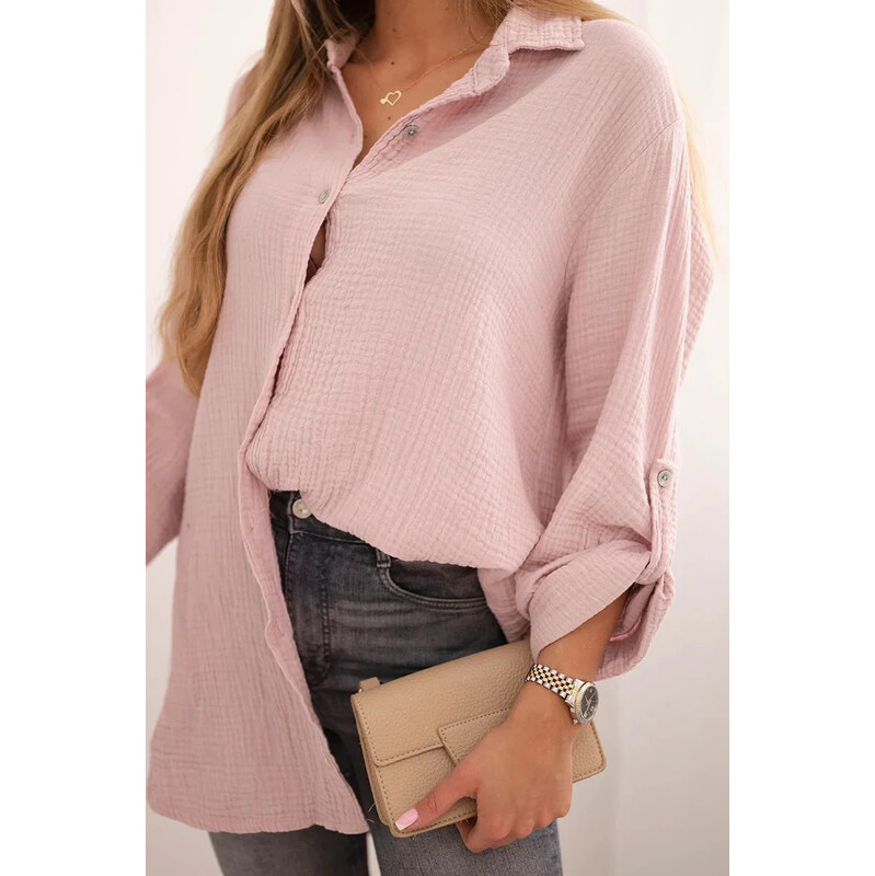 Bavlněná mušelínová košile Plus Size 65622 pudrově růžová - Kesi