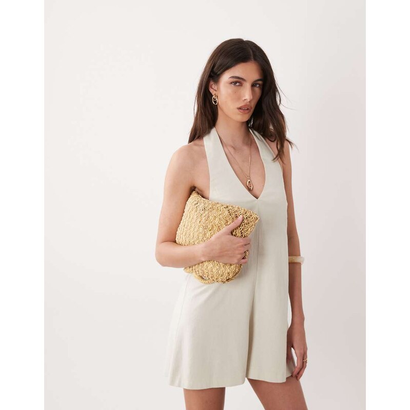 Miss Selfridge linen look halter playsuit in stone-Neutral 115549564