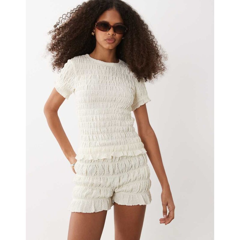 Brave Soul Co-ord ruched mini shorts with ruffle detail in off white 115549574