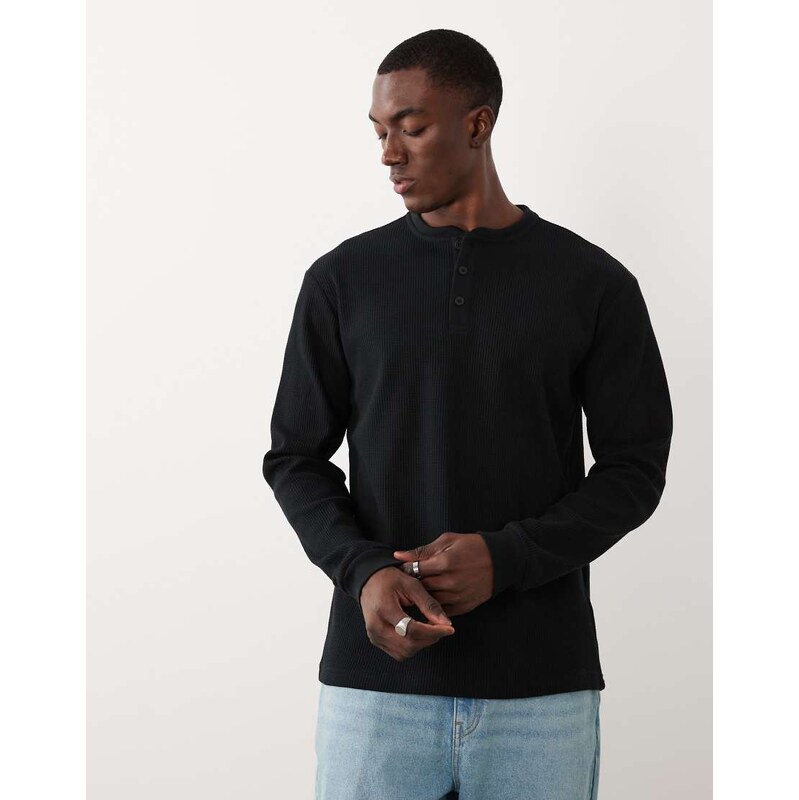 ONLY & SONS long sleeve henley t-shirt in black waffle