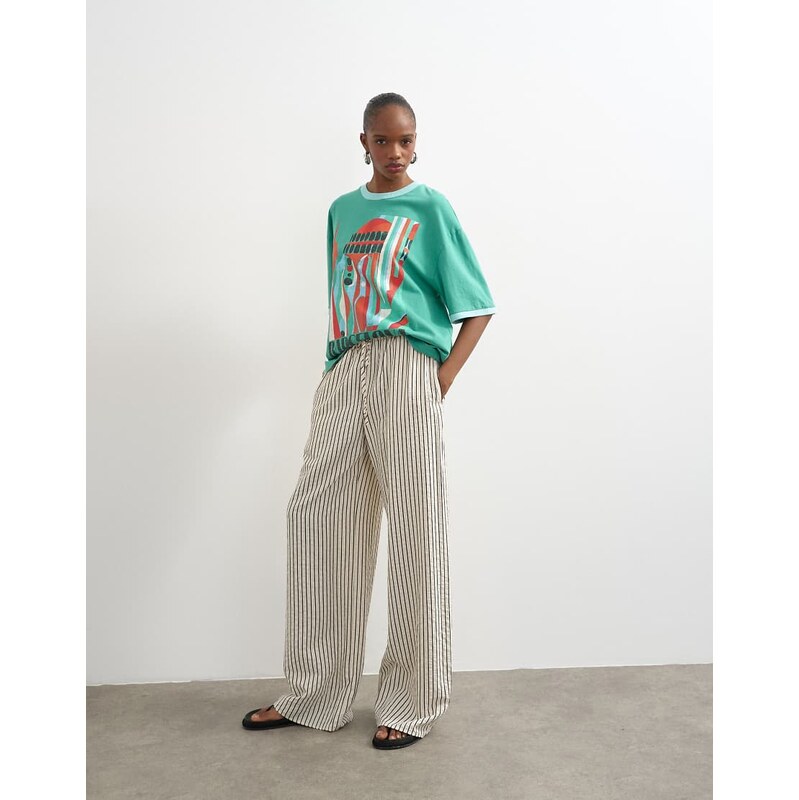 Topshop crinkle stripe drawcord trouser in mono-Multi