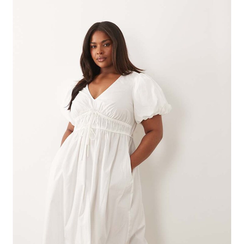 New Look Plus New Look Curve puff sleeve midi dress in white