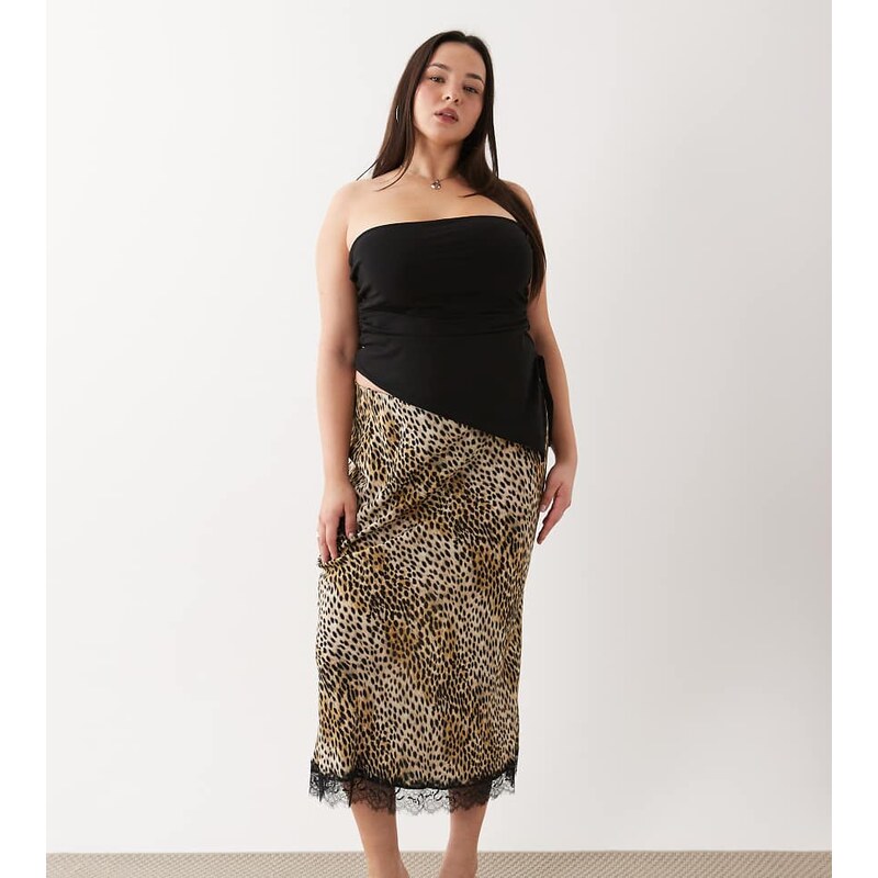 New Look Plus New Look Curve leopard print lace trim satin bias midi 115549981