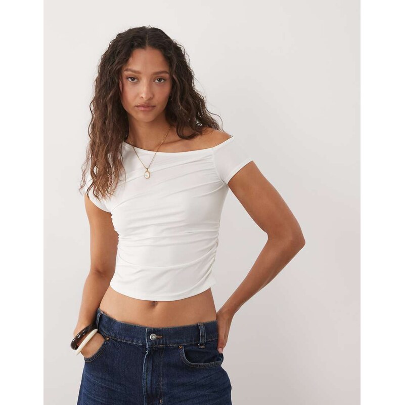New Look fallen shoulder polyamide top in white 115549982
