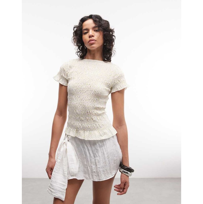 Daisy Street shirred short sleeve top in yellow polka dot 115549986