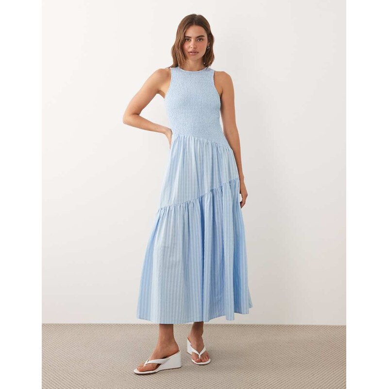 Ghospell sleeveless shirred bodice asymmetric detail tiered skirt midi 115550062