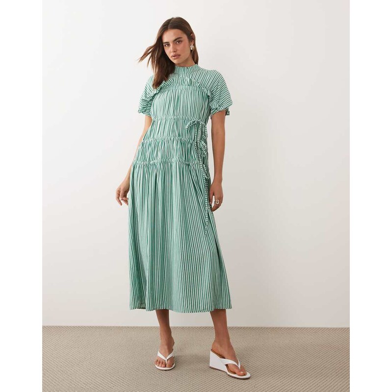 Ghospell drawstring detail puff sleeve midi dress in green stripe 115550064