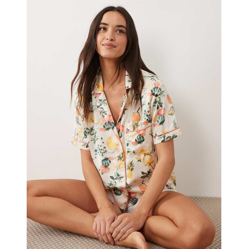 Abercrombie & Fitch satin short sleeve pyjama shirt co-ord in yellow 115550078
