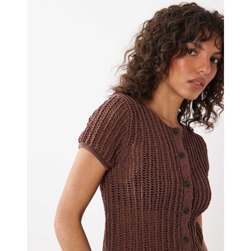 Mango knitted short sleeve cardigan in brown 115550088