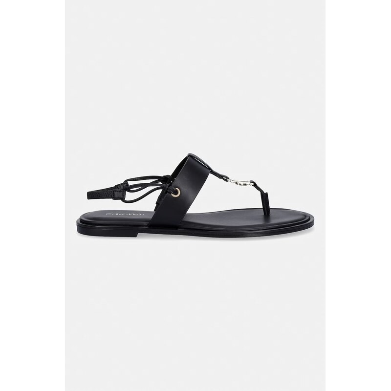 Calvin Klein sandály na plochém podpatku dámské kožené ROUND FLAT SNDL THONG LTH HDW