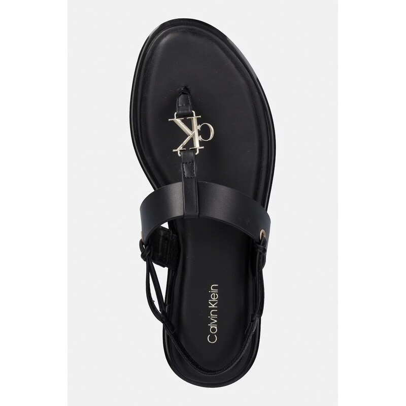 Calvin Klein sandály na plochém podpatku dámské kožené ROUND FLAT SNDL THONG LTH HDW