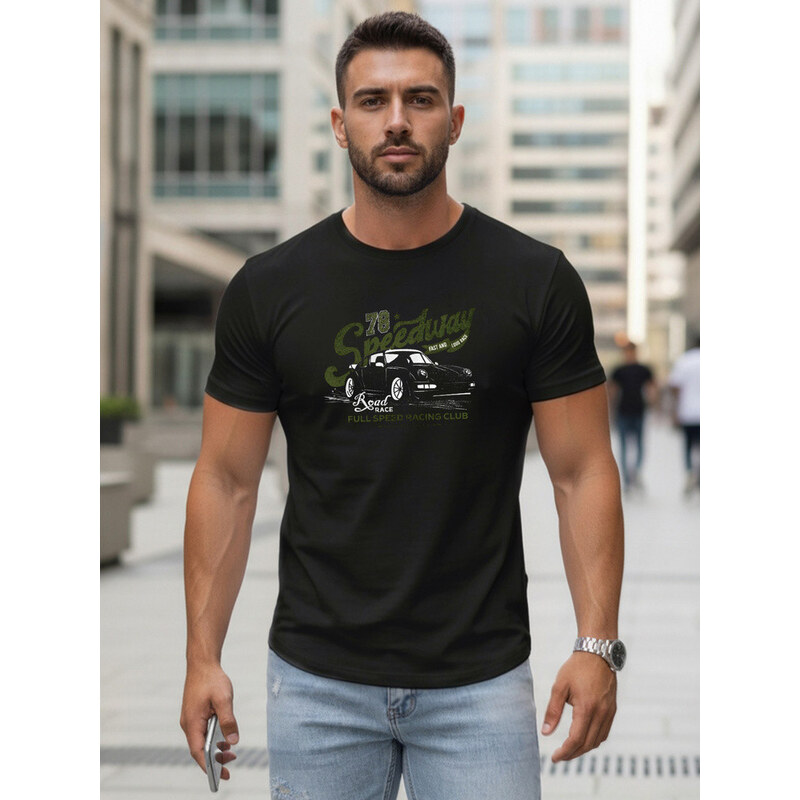 Pánské bavlněné tričko s potiskem automobilů černé FashionStreet