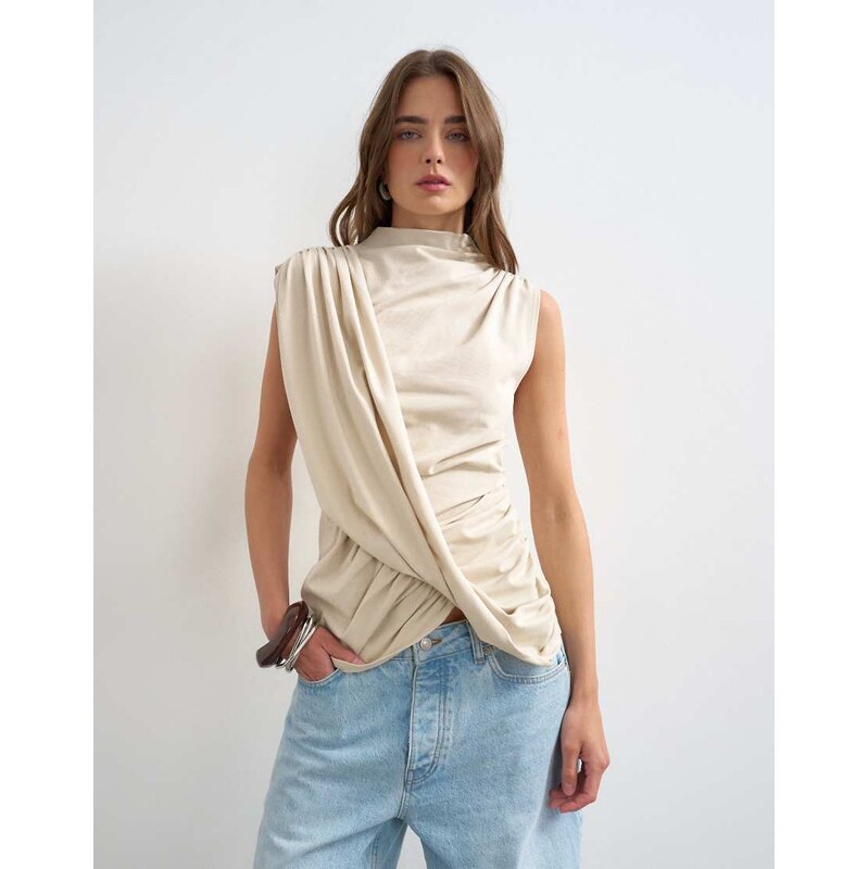Topshop drape front marl tunic top in oat-Neutral
