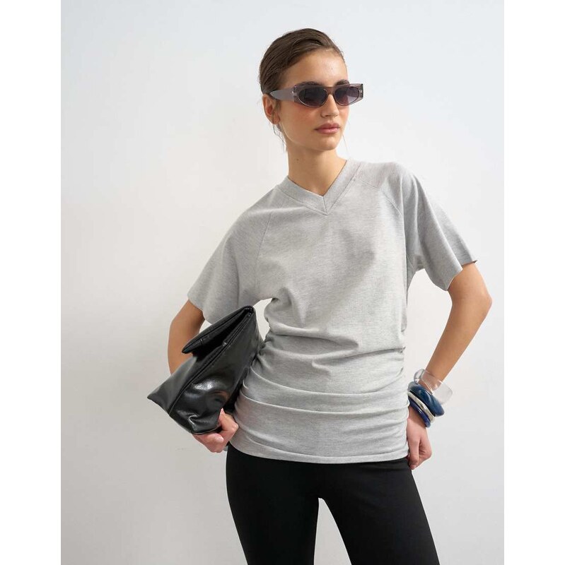 Topshop micro v-neck ruched side tee in grey marl