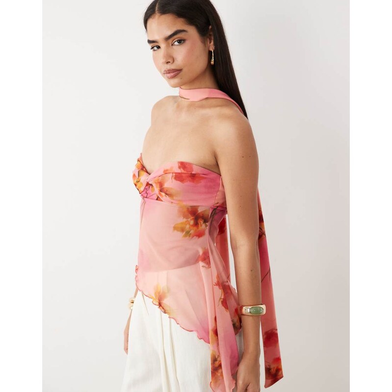 ASOS DESIGN sheer twist floral print asym bandeau-Multi