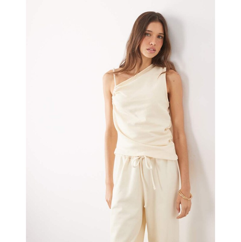 ASOS DESIGN ruched asymmetric top co-ord in cream-White
