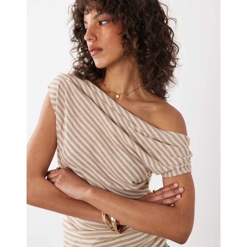 Mango one shoulder top in beige stripe-Neutral