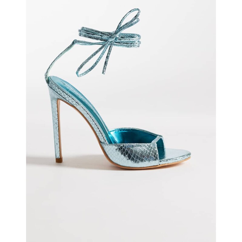 Public Desire Kalisto tie leg heeled sandals in metallic blue 115678877