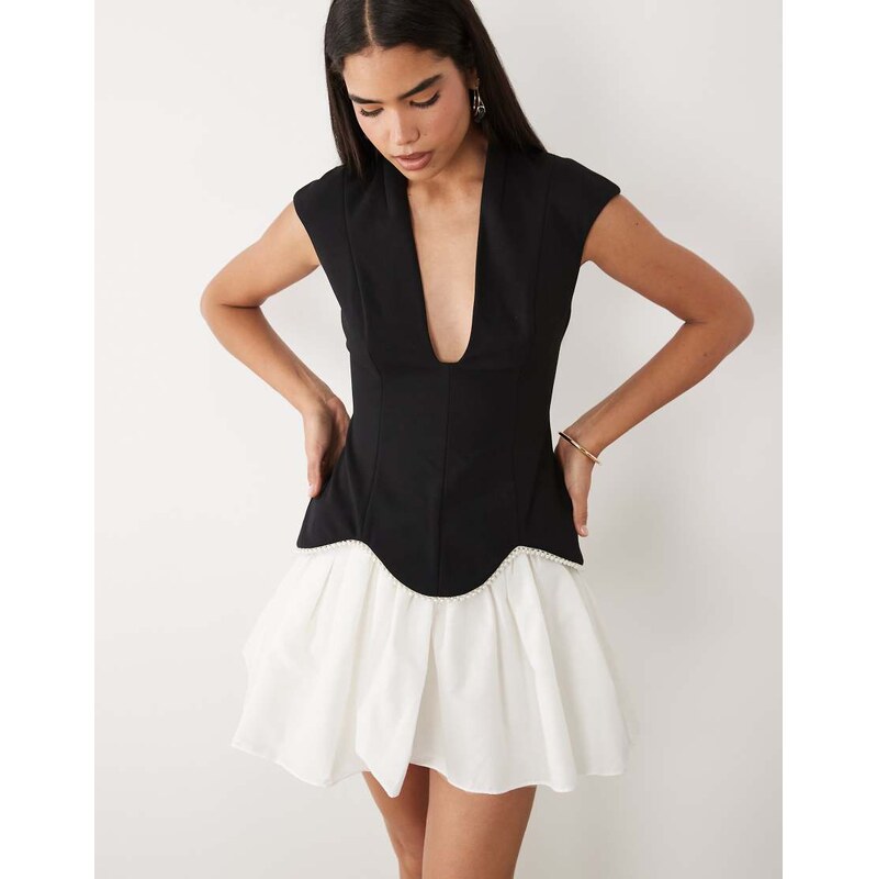 ASOS LUXE plunge mini dress with tulle skirt and pearl detail