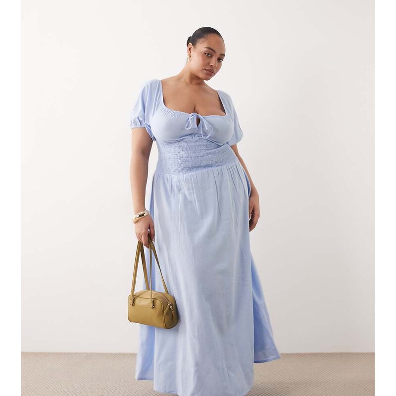 Esmee Curve puff sleeve tie front maxi beach dress in light blue 115555050