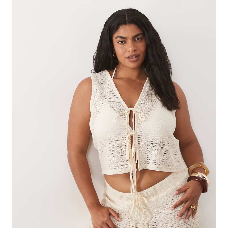 Esmee Curve crochet tie front beach waistcoat in beige-Neutral