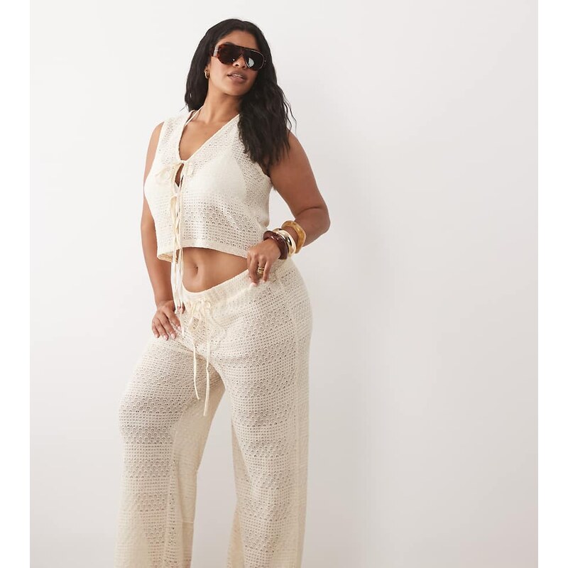 Esmee Curve crochet tie front beach trousers in beige-Neutral 115555053