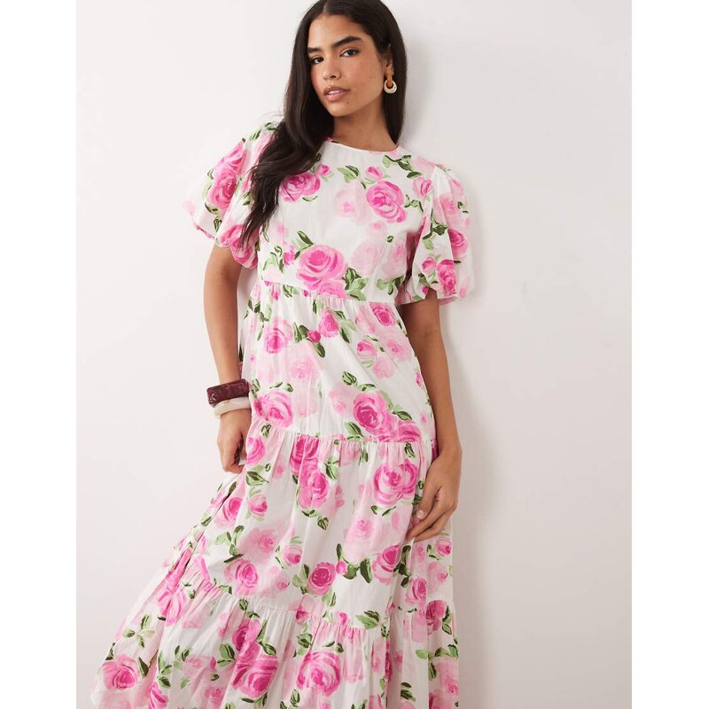 YAS puff sleeve tiered hem maxi dress in pink rose print