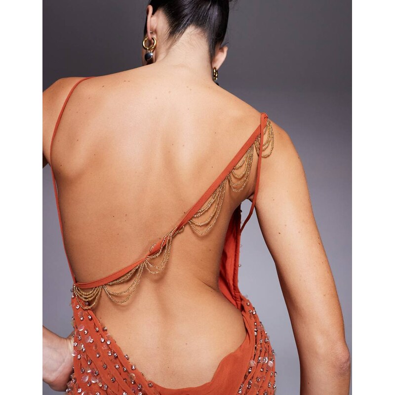 ASOS DESIGN allover embellished cowl neck drape midaxi dress with chain strap detail in rust-Orange