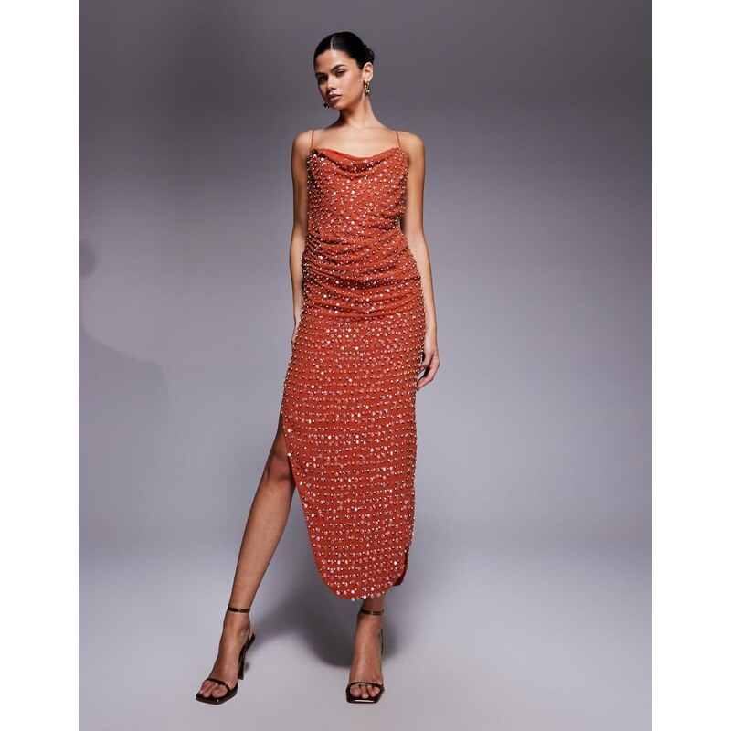 ASOS DESIGN allover embellished cowl neck drape midaxi dress with chain strap detail in rust-Orange