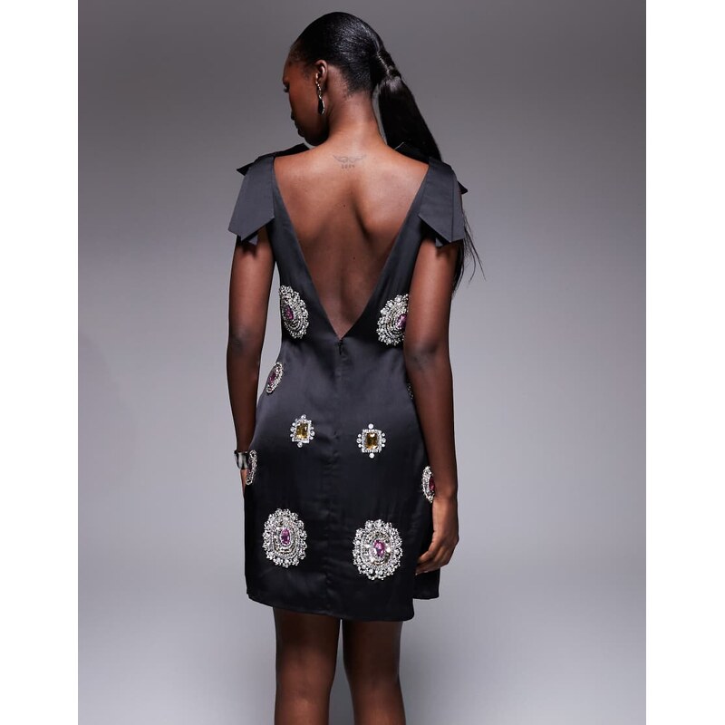 ASOS DESIGN embellished satin bow strap mini dress in black