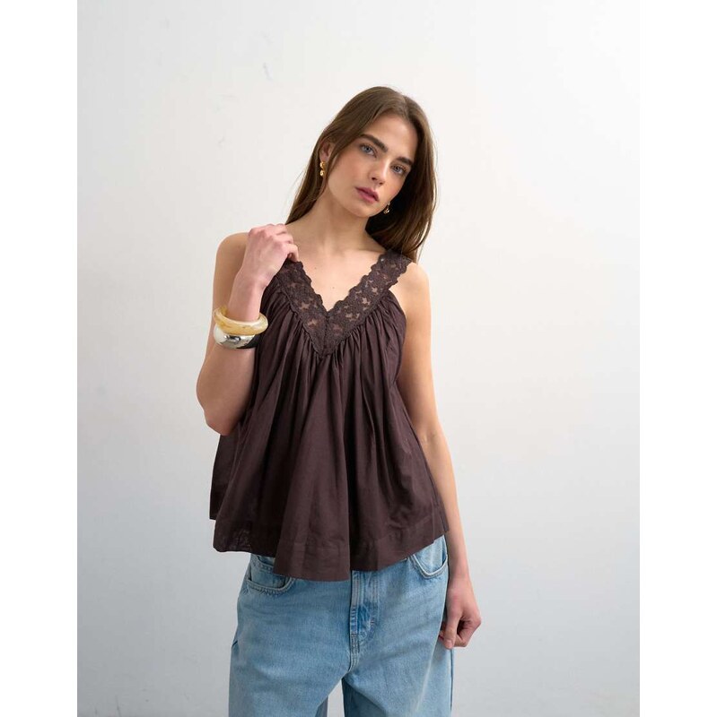 Topshop deep v lace trapeze top in chocolate-Brown 115554851