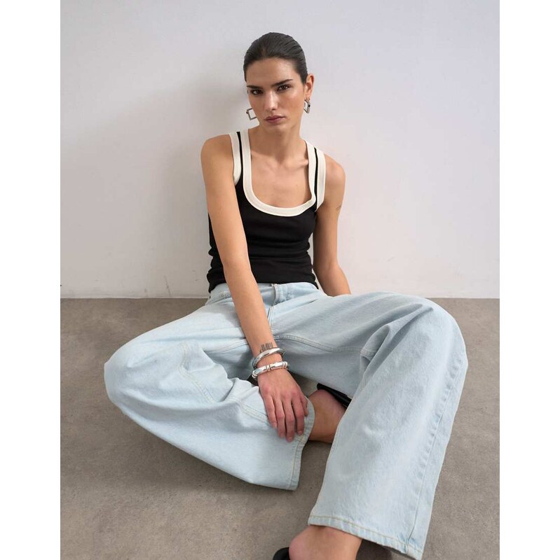 Topshop rib scoop neck vest in black and ecru