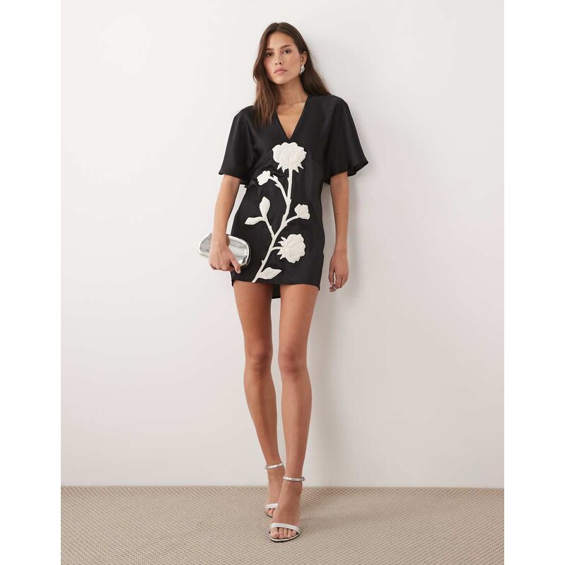 ASOS DESIGN v neck flutter sleeve mini dress with embroidered
