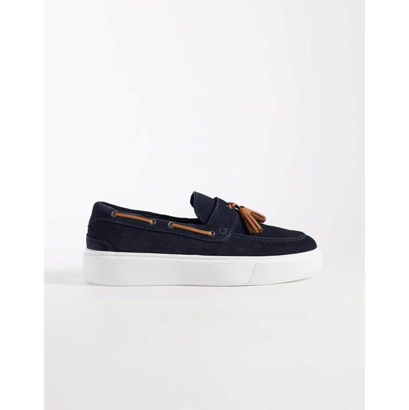 ASOS DESIGN tassel loafers with cupsole in navy suede with tan