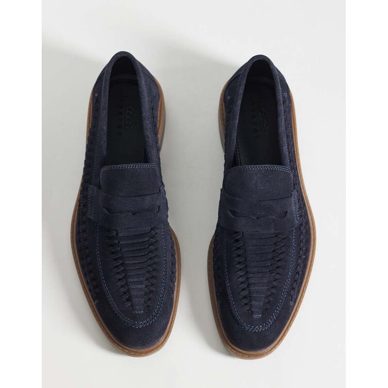 ASOS DESIGN woven penny loafer in navy suede