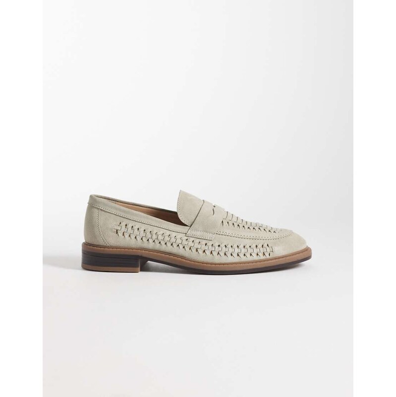 ASOS DESIGN woven penny loafer in stone suede-Neutral