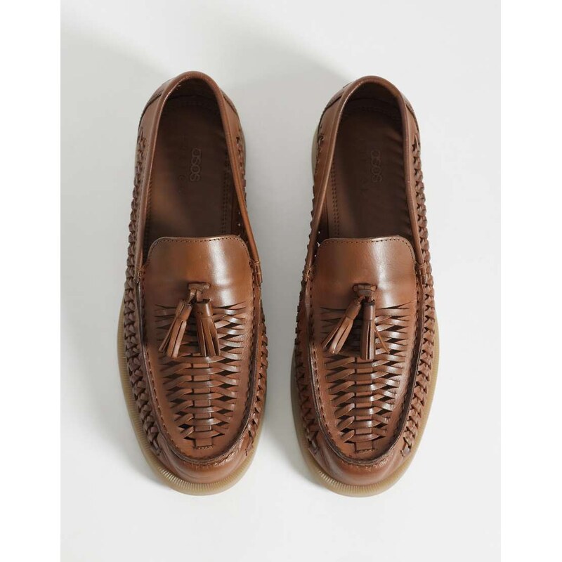 ASOS DESIGN woven tassel loafers in tan leather-Brown